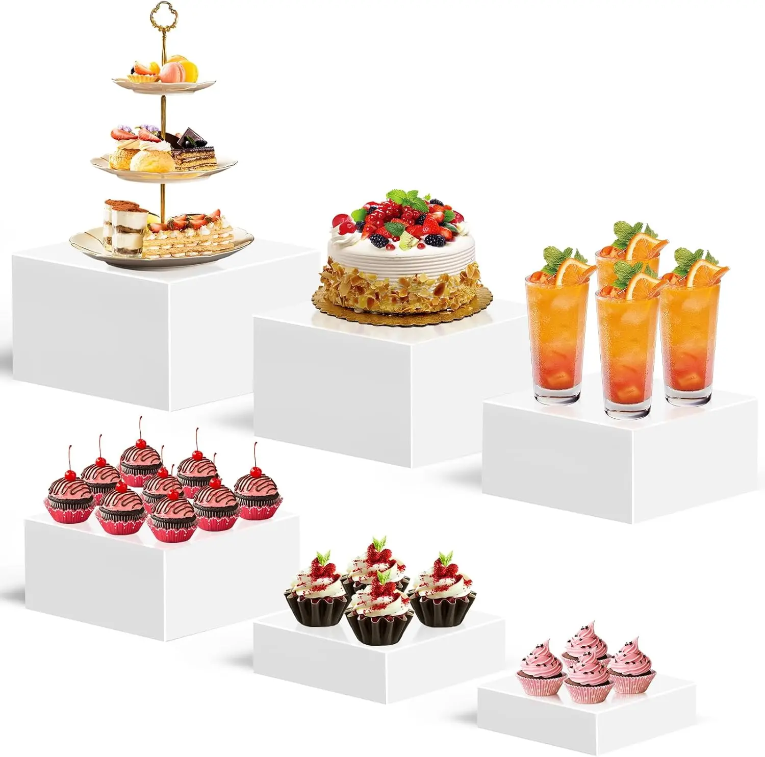 6Pcs Buffet Risers, Food Risers for Buffet Table, Acrylic Cube Display Risers with Hollow Bottom, Food Display Stand for Party Jewelry Dessert Figures (Size 3",4",5",6",7",8")