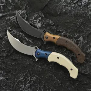 EDC Ritual Assisted Flipper Knife 4.369" 12C27 Satin Persian Blade, Ivory Fiber-Infused Resin Handles with Blue Steel Bolsters, Liner Lock Camping Pocket Knife