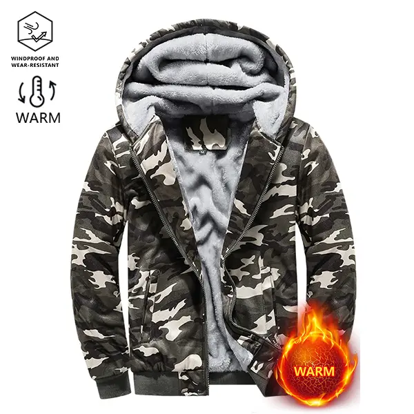 Men's Winter Trendy Versatile Camouflage Jacket – Hooded, Fleece Lined, Warm, Skin-Friendly Comfort, Suitable for Outdoor Activities and Everyday Wear