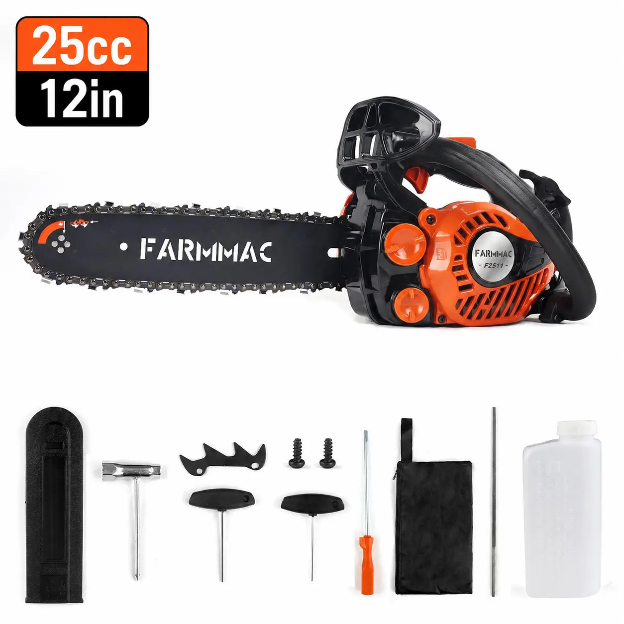 12 In Top Handle Gas Power Chainsaw Tool Kit (F2511, 6.8lb), 25cc 2-Stroke Portable Steel&Plastic User-Friendly Handheld Lightweight Tool for Tree Trimming Easier & Wood Cutting Outdoor Tasks, Stainless Steel, Wrap-Handle