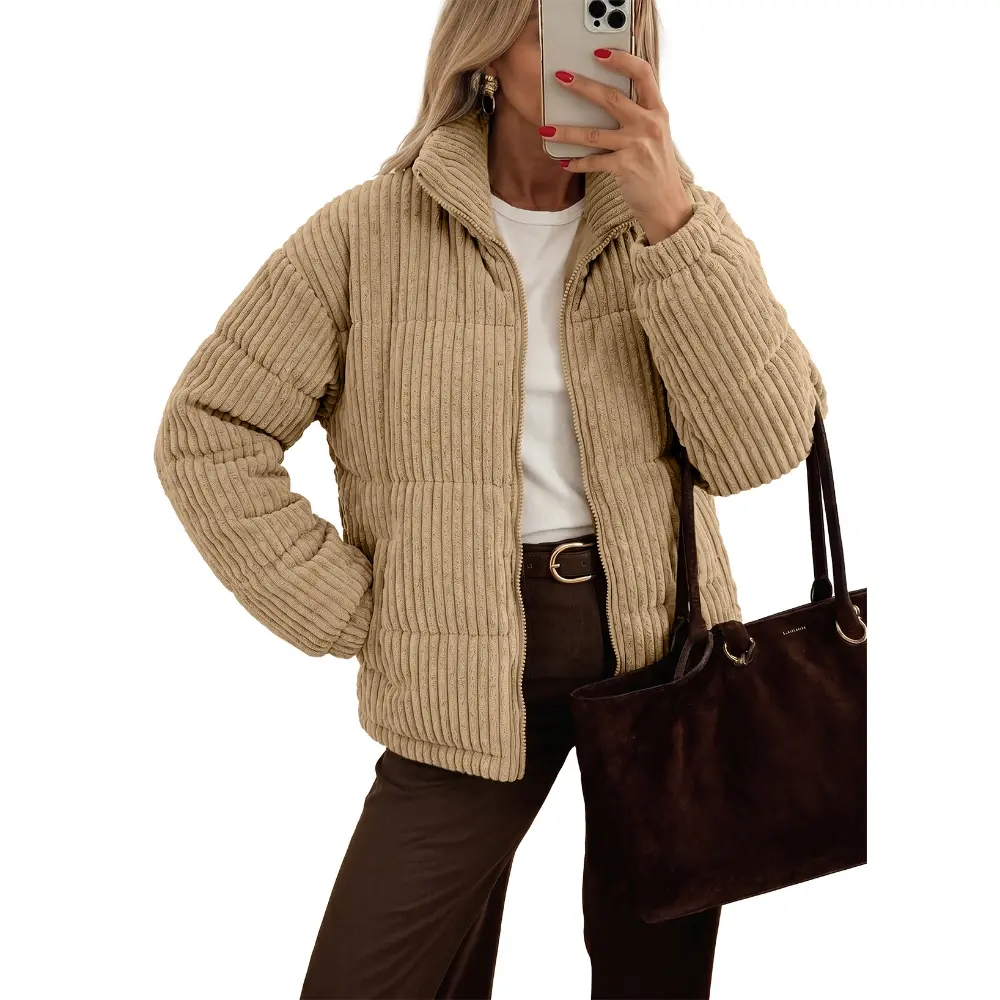 Dokotoo Women's Casual Winter Cropped Jacket Zip up Corduroy Quilted Coat Long Sleeve Stand Collar Casual Trendy Ladies Clothes Chunky Warm Jacket Comfy Loose Fit Outfits