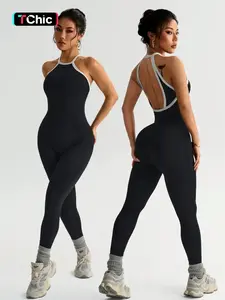 Women's Colorblock Backless Sleeveless Spring Summer Knit Yoga Jumpsuit, Casual Fashion Sportswear for Daily Wear
