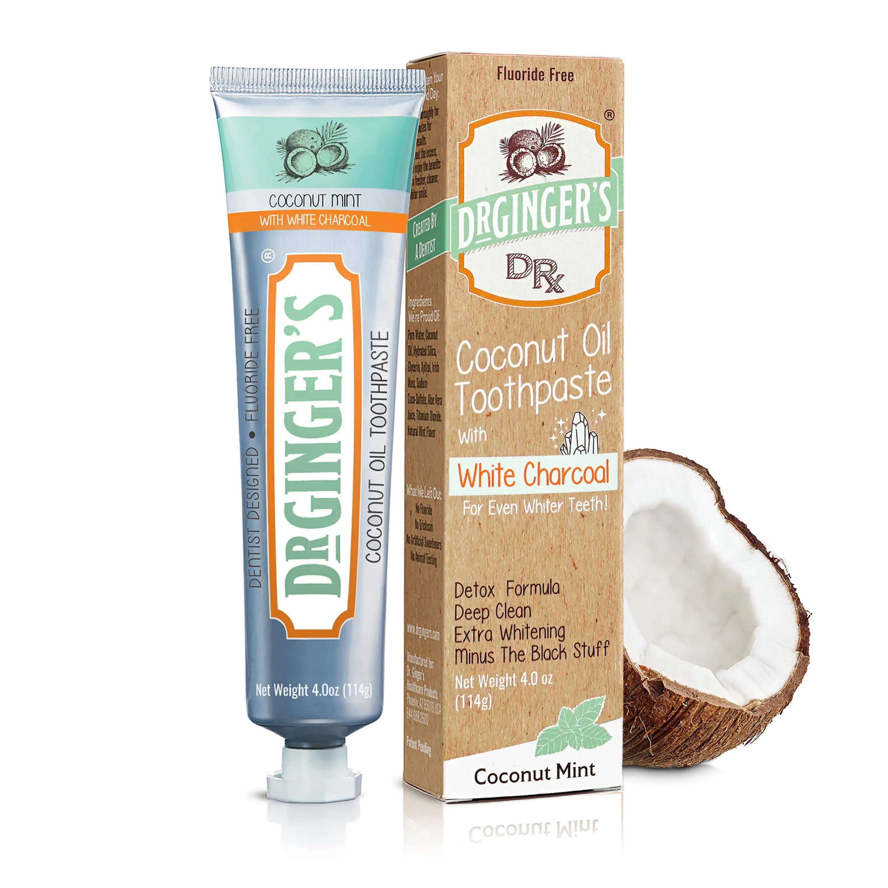 Dr Ginger's White Coconut Charcoal Toothpaste | Patented Activated White Coconut Charcoal & Organic Coconut Oil, Gentle Whitening, Reduced Sensitivity,  Fluoride-Free, Dye-Free, Supports Healthy Oral Microbiome, Great Taste