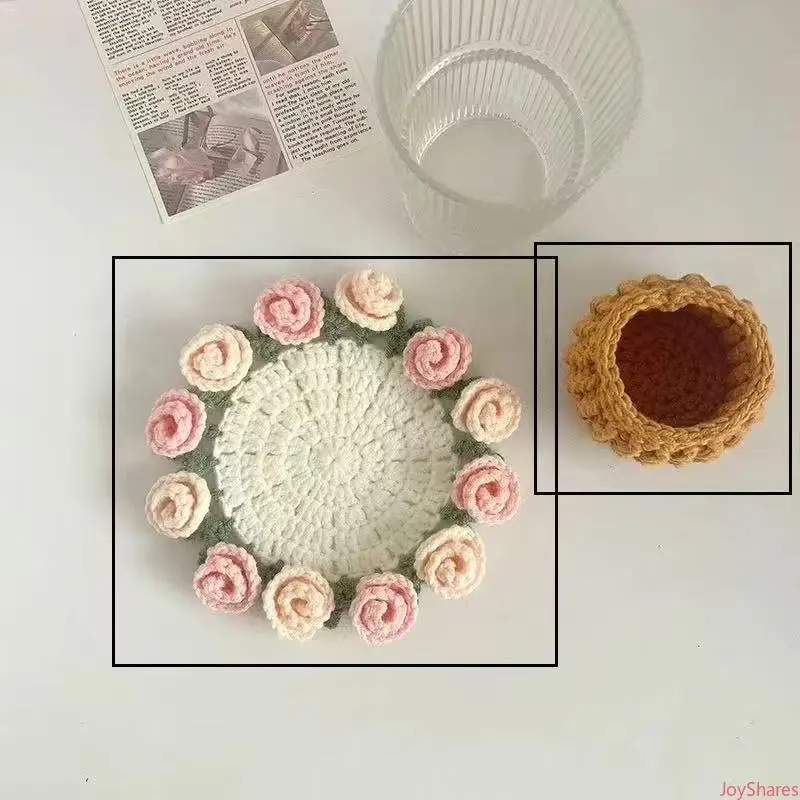 Handcrafted Round Cotton Yarn Coaster - Yellow Sunflower Flower Basket Design, Heat-Resistant Table Protector, Blush Pink Style, Ideal for Indoor Desktop Decoration, Birthday/Party Use