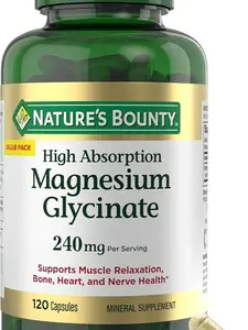 Nature’s Bounty High Absorption Magnesium Glycinate 240 mg for Supporting Muscle Relaxation and Bone, Heart & Nerve Health – Non-GMO, Gluten-Free, Vegetarian, 120 Count/60 Servings