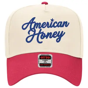 American Honey Vintage Printed Hat | Cream and Red Two-Tone Mid Profile Baseball Cap | Adjustable Premium Fabric Southern Country Aesthetic Snapback Patriotic Gift for Women
