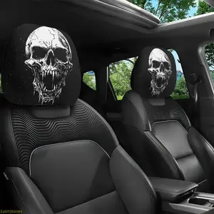 2-Pack Gothic Skull Print Car Headrest Covers, Unisex All Seasons Car Accessories, Tricky Man Decor, Long Drive Stress Relief Gift Idea, Car Seat Decor