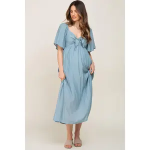 Blue Front Tie Ruffle Sleeve Maternity Midi Dress