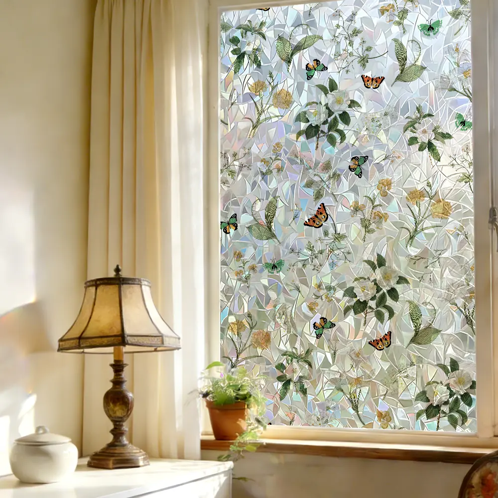 1 Roll Glueless Iridescent Floral Static Cling Window Film - Decorative Stickers for Bedroom Glass Panels, Modern Living Spaces, Privacy Protection, Instant Transformation, Removable Home Decor Decal, Glueless Decal, Light