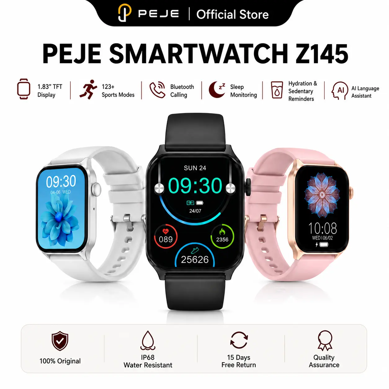 PEJE Z145 Smart Watch, 1.83" Touch Screen Fitness Watch with 123 Sports Modes, Heart Rate Monitoring, Sleep Tracking, Bluetooth Calls, Music Control, Message Notifications, IP68 waterproof for Workouts, Outdoor Use & Gifting,android/ios fashion