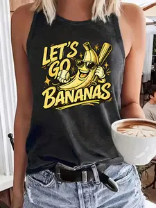 Women's Round Neck Sleeveless Vest, Let's Go Bananas Baseball Banana Print, Fun Sports Slogan Top, Soft Casual Women's Clothing, Style