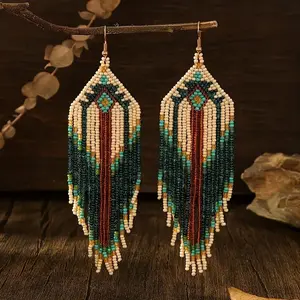 2-Piece Bohemian Vintage Gradient Beaded Tassel Earrings - Handmade glass bead design, elegant and versatile, suitable for everyday wear or as a gift, unique earrings.