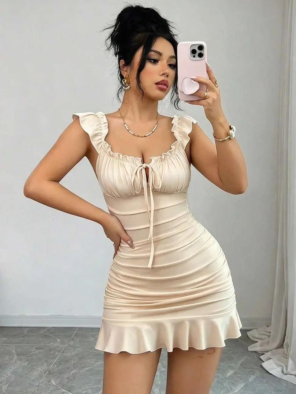 Women's Off Shoulder Ruffle Mini Dress, Elegant French Style Fitted Bodycon Dress, Ruffled Waist Summer Party Dress for Date Night, Wedding Guest, Brunch, Vacation & Special Occasions