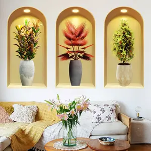 3-piece set, Nordic green plant themed simulated arched window flower basin wall sticker, self-adhesive removable decorative sticker, suitable for wall decoration in living rooms, dining rooms, and study rooms, Wall Art Stickers