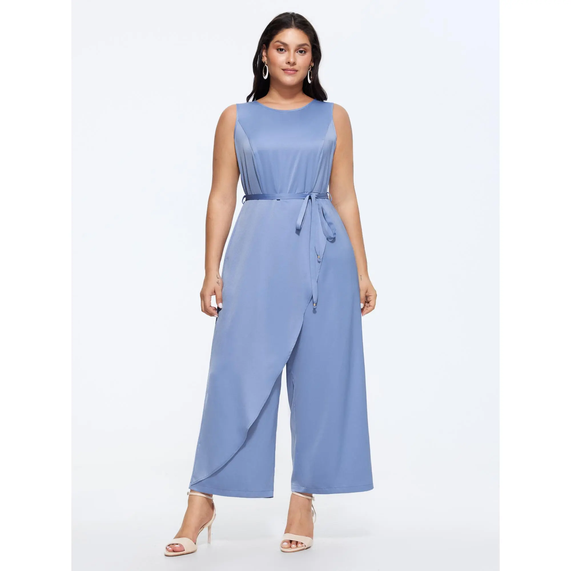 BloomChic Women's Plus Size Casual Layered Satin Jumpsuit, Timeless Solid Style with Stretch Spandex, Waist-Tie Belt and Pockets, Overalls, Garment, Smooth, Lady, Low Iron, Classic, Polyester, Satin Smooth, Spandex Mix, Multi-Size, Lace-Up Tie, Do Not Tum