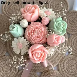 Set of Five Silicone Molds with Peony Sunflower Lily Rose Bud Patterns, Perfect for Candle Making, Soapmaking, Christmas Halloween Easter Gifts