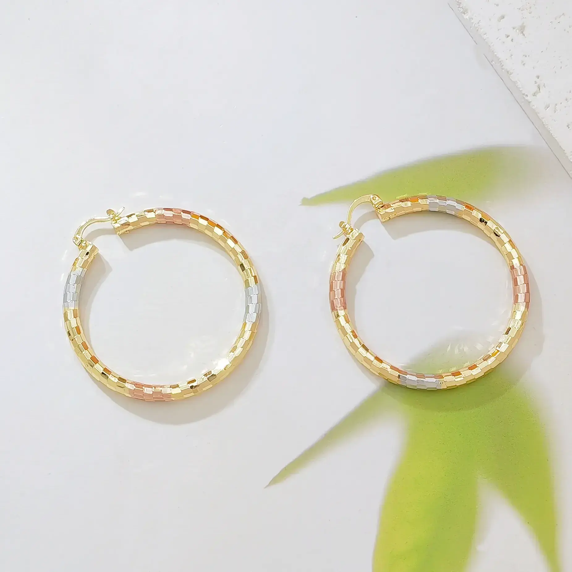 18K Gold Plated Tri Color Square Tile Huggie Hoops for Ladies, Textured Chunky Three Tone Circle Hoop Earrings Fashion Accessory Gift