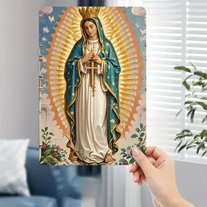 1pc Vintage Tin Sign, Virgin Mary Iron Painting - Blue Robe with Golden Cross Floral Background Decorative Plaque & Signs Modern Wall Art, Suitable for Home and Office, Best Gift for Family, Artist Canvas 8x12inch (20x30cm) Decor