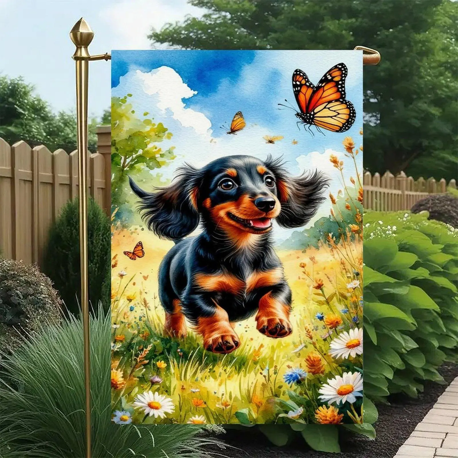 12x18in Double-Sided Linen Fabric Garden Flag - Heat-Printed, Long-Haired Black And Tan Dachshund, Sunny Meadow Wild Daisy Monarch Butterfly Design, Wiener Dog Floral Yard Display For Front Entry
