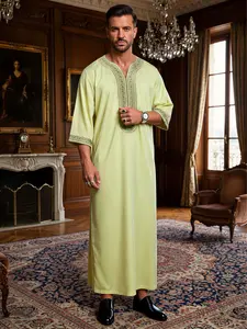 Muslim Traditional Robe Moroccan Style Men's V Neck Embroidered Long Robe, Fashionable Muslim Clothing, Eid Festival, Modesty Thobe