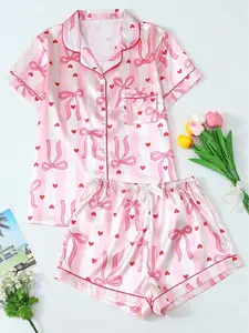 Striped Coquette Women's Satin Short Sleeve & Shorts Pajama Set with Pink Bow Heart Print Charmuse Material Cozy Nightwear