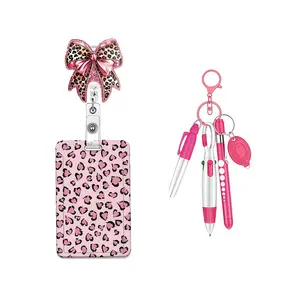 Cute Leopard Print Bow Badge Clip Set, 360 Degree Rotating Crocodile Clips, Includes Name Tag and Nurse Pen, Ideal Gift for Women