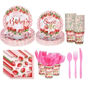 280 Pcs Strawberry Baby Shower Decorations for 40 Guests, Disposabe Strawberry Paper Pates Napkins Cups Knife Fork Spoon for Berry Sweet Baby is the Decorations Suppies for Girs