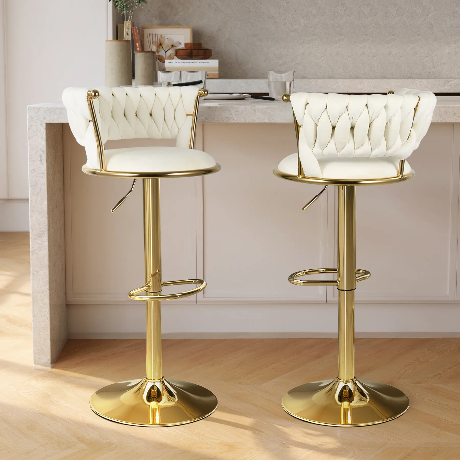 Luxanimarion 2PCS Armless Modern Soft Velvet Sturdy Metal Weave Swivel Barstools - 360° Rotation, Adjustable Height, Lumbar Low Back Support, Quick Setup, Assembly Required, Indoor Home Counter Furniture