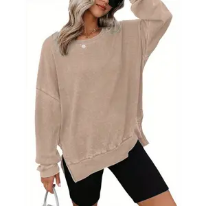 [Soft Waffle Sweatshirt] Soft Beige Women's Waffle Sweatshirt |       Crewneck Long Sleeve Casual Pullover with Side Slit, Machine Washable, Waffle Long Sleeve, Spring Fall Clothing, Durable Casualwear, Relaxed Fit,   Fabric Womenswear Tops Cotton