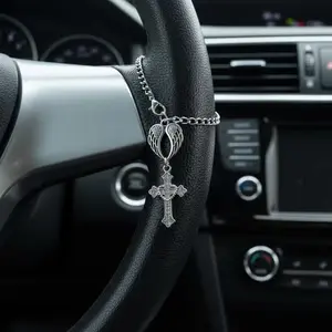 Angel Wings Lucky Bead Car Steering Wheel Charm, Religious Hanging Accessory for Car Decoration, Cross Hanging Ornament for Men and Women, Car Trinkets, Car Accessories