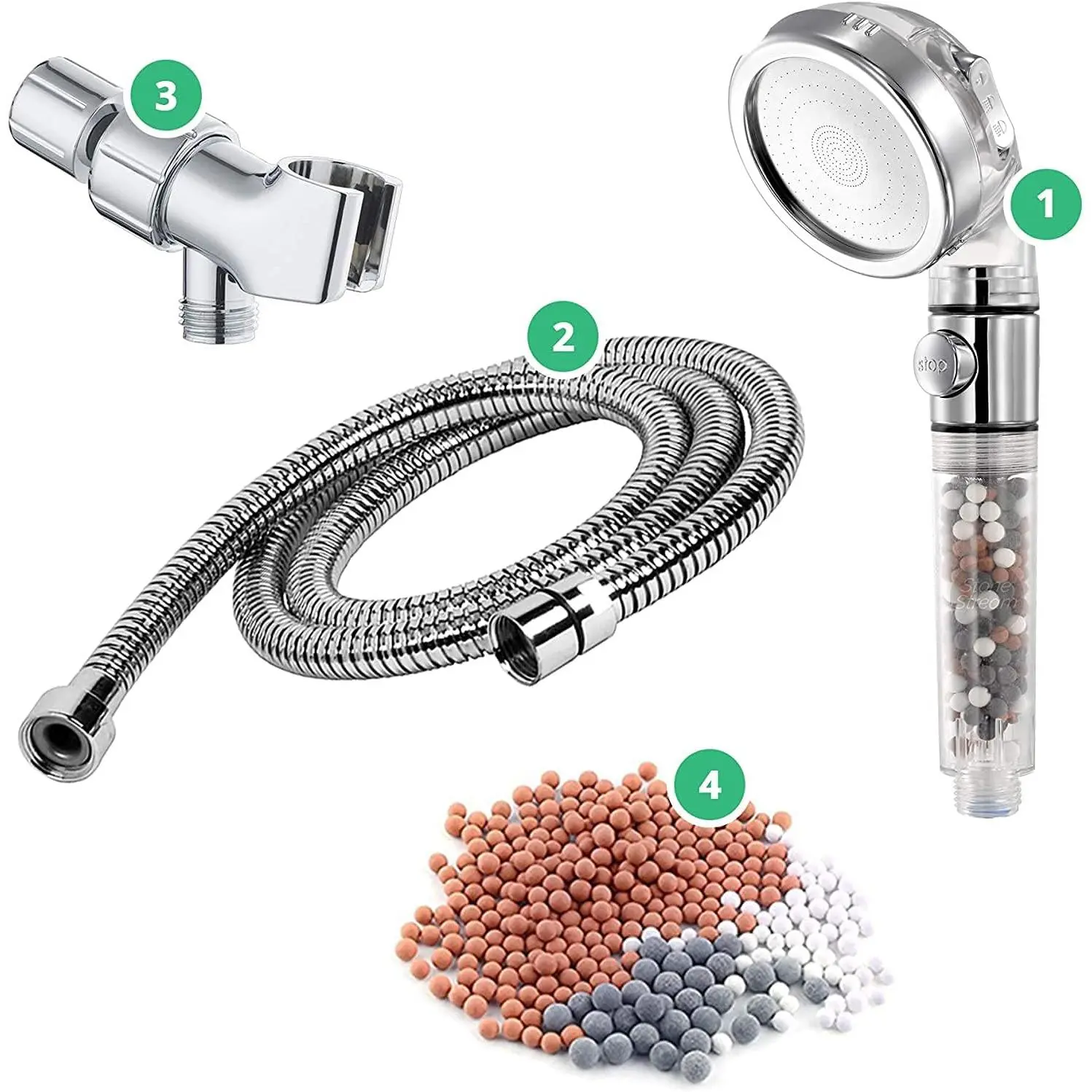 EcoPower High  Handheld Shower  with ON OFF - 3 Spray Settings with Hose, Wall Adapter and Replacement Beads