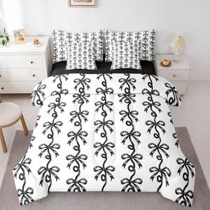 Black Bow Tie Bedding Set,7 Piece Ribbon Bows Bowtie Comforter Bed Set with Sheets,Girls Kids Women,Girly Princess Bow Knot Bed Bag,Cute Coquette Sheet
