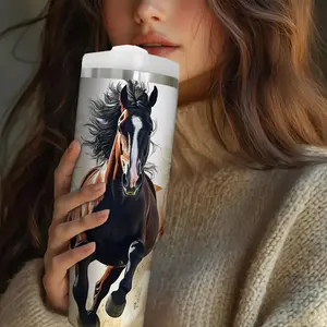 Horse Pattern Vacuum Flask, 1 Count 30oz Stainless Steel Insulated Water Bottle with Straw & Lid, Portable Travel Drinking Cup for Outdoor, Tumbler Drinkware