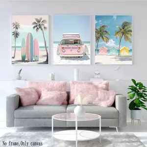3pcs Beach Wall Art, Tropical Teen Girl Canvas Poster, Surfboard Palm Tree Wall Decor, Suitable for Bedroom Bathroom Living Room
