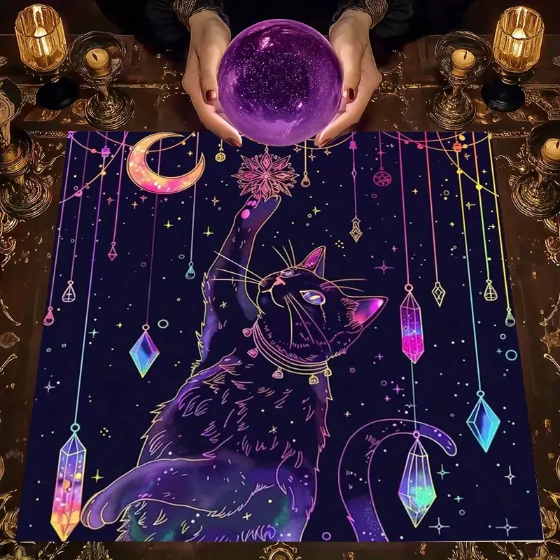 1pc Mysterious Black Cat Star Tarot Tablecloth – Mystical Altar Cloth for Divination, Meditation & Halloween Decor