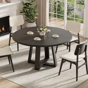 Round Dining Table for 4-6 People, 47" Dining Room Table with Wooden Cross Pedestal Base, Circle Dinner Table, Modern Kitchen Table for Living Room(Black)