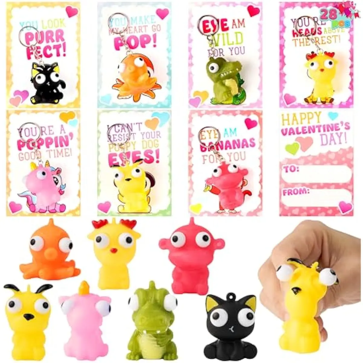 28 PCS Valentines Cards with Animal Popping Eyes Keychains for Gifts Party Favor, Classroom Exchange Prize, Valentines Greeting Cards