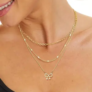 CASSIECA Women's 3-Pieces Stacking Necklaces Set, Dainty Layered Paperclip Choker with Long Chain Pendant, Non-Tarnish Metal Coating Costume Jewelry Gifts SummerVibes