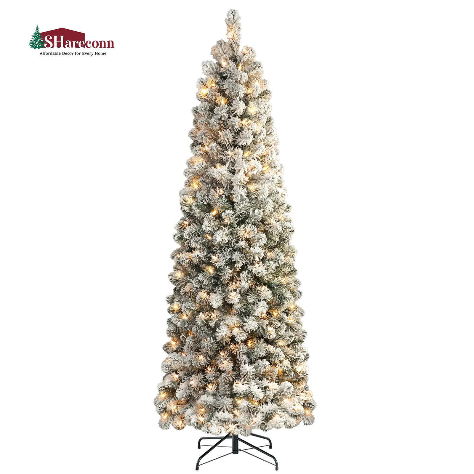 SHareconn 2026 6.5/7.5/9FT Pre-lit Flocking Slim Artificial Christmas Tree, Warm White Lights, Dense PVC Snow Flocked Branches, Removable Pencil Tree for Classic Holiday Home Decorations, Holiday Decorations, Americana Christmas Decor