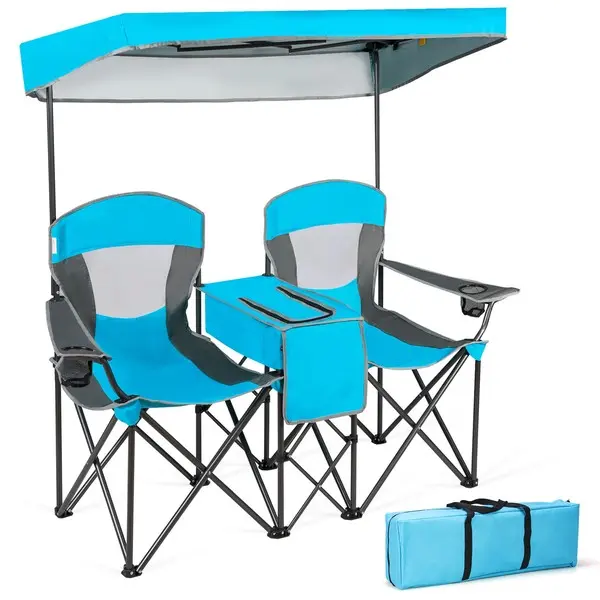 4-in-1 Dual Purpose Foldable Double Camping Chair with Canopy - Compact Collapsible Adjustable Portable Beach Chair, Removable Cooler Foldable Table, Cup Holders & Carry Bag for Camping, Tailgating, Beach Chair Foldable summerwins