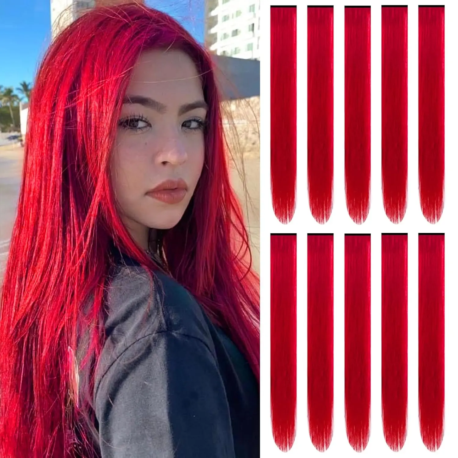 Red Clip-in Hair Extensions for Women, 10 PCS 22-in Straight Synthetic Highlights, Heat-Safe Hairpiece for Costume Party & Casual Wear, Clip-On Straight Hair Extensions, Easy To Use, Female