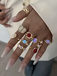 Women's Boho Vintage Fashion Elegant Asymmetric Hollow Heart Rhinestone Simulated Gemstone Design Chunky Ring Set, Perfect for Parties & Daily Wear, Statement Rings