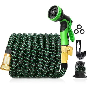 100FT Expandable Garden Hose, Green Polyester Fiber Watering Equipment with 10-Function Nozzle, 3/4" Solid Brass Fittings, Leak-Proof Abrasion-Resistant Hose for Outdoor Gardening