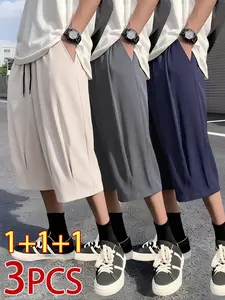 Men's Summer Solid Color Versatile Casual Pants, Trendy Stylish Soft Comfortable Seven-Quarter Pants, 3 Piece Set