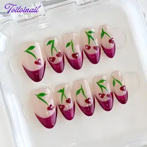 Cherry Bloom Handmade Press-On Nails | Short Almond Shape, 10pcs | Nude Base Burgundy French Hand Painted Cherry | Summer Dopamine Aesthetic | For Daily, Picnic, School | High Gloss | Reusable DIY Nail Art