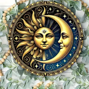 1pc, Sun and Moon Iron Sign, 8x8 inches Round Metal Wall Art, Solar and Lunar Decor for Home, Bar, Cafe, No Electricity Needed, Featherless