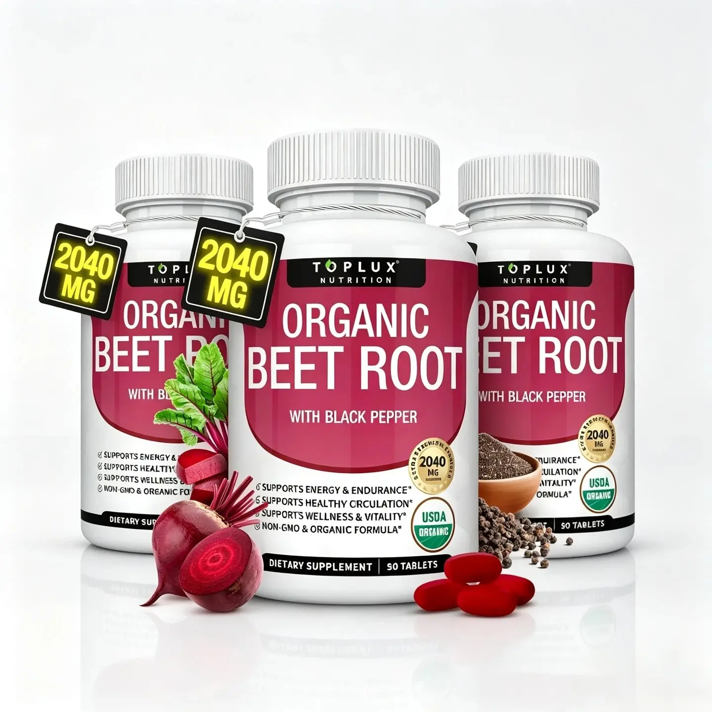 3 bottles Toplux Organic Beet Root Tablets -  Nitric Oxide Booster Beetroot Supplement 2040mg