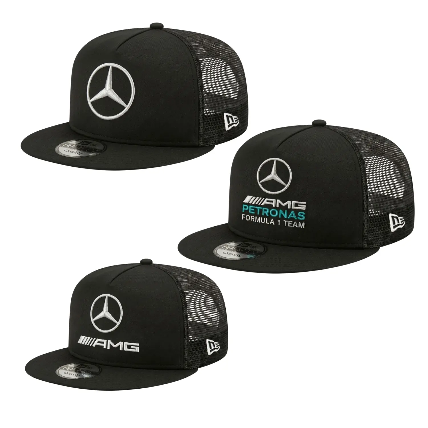 Silver Three Point Star Motorsport Black Trucker Hat, Racing Inspired Logo Graphic Mesh Back Flat Brim Snapback Cap, Adjustable Performance Streetwear Driving Outdoor Casual Headwear Accessory Gift for Men Women Teens and All Ages
