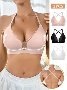 3PCS Women's Backless Bralette Set, Comfortable U-Neck Design, Sexy No-Wire Seamless Bras, Daily Wear, Medium Support, All Seasons