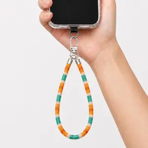 Woven Wrist Strap Phone Lanyard Set with 2 Black Tether Tabs, Clip-On Phone Case Strap Keychain for Keys, Bags, Pouches, Orange Green Color Block